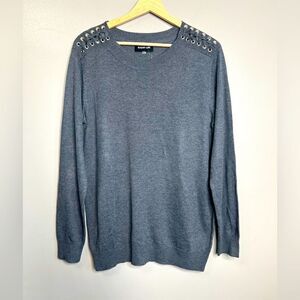 Sugar + Lips charcoal gray ribbon grommet detail round neckline pullover sweater